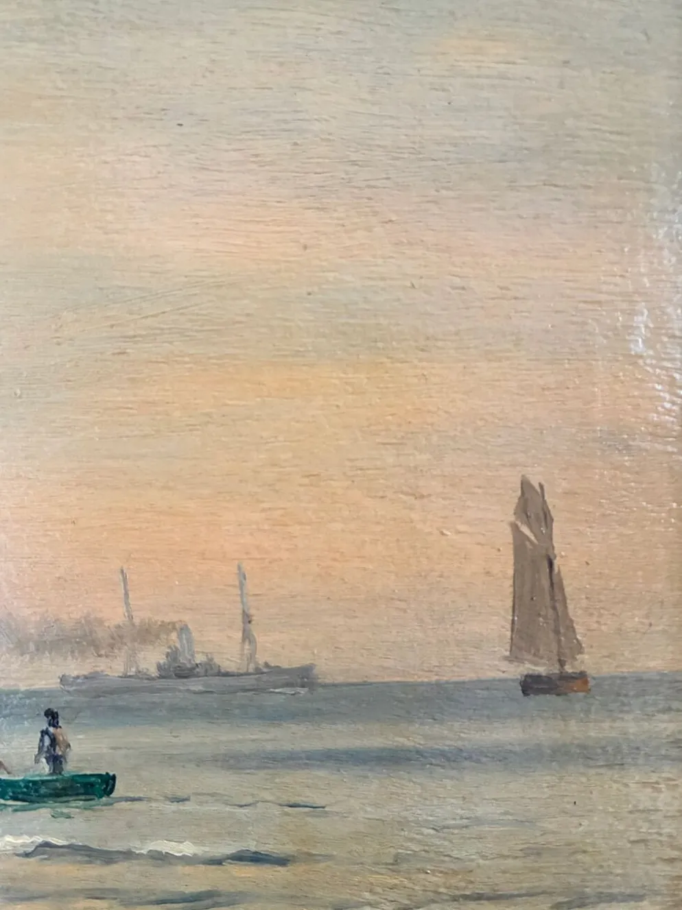Peinture à l'huile de paysage marin de voilier ancien signé