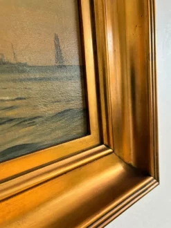 Peinture à l'huile de paysage marin de voilier ancien signé