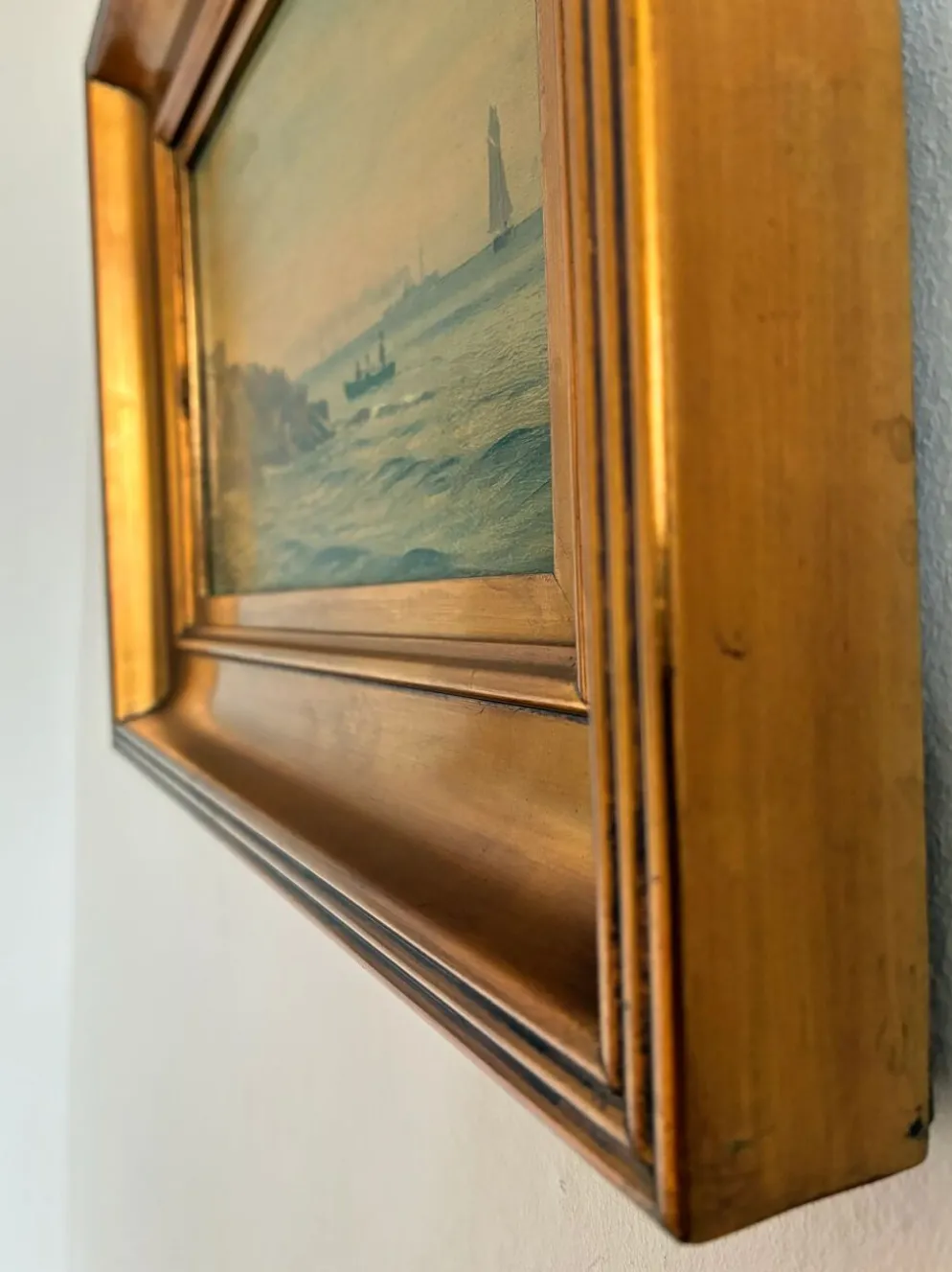 Peinture à l'huile de paysage marin de voilier ancien signé