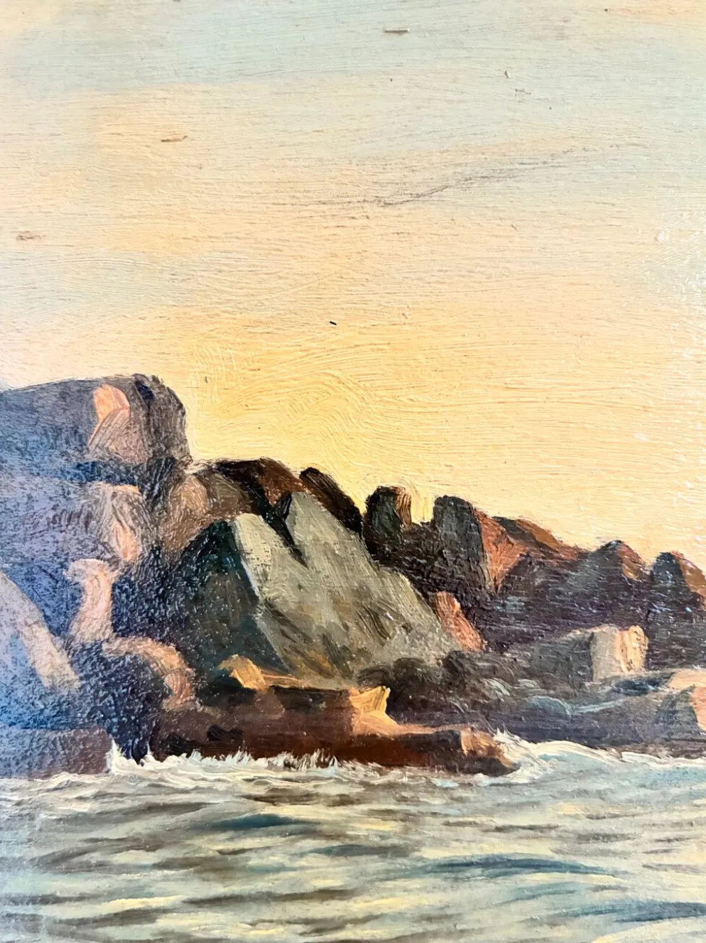 Peinture à l'huile de paysage marin de voilier ancien signé