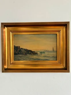 Peinture à l'huile de paysage marin de voilier ancien signé
