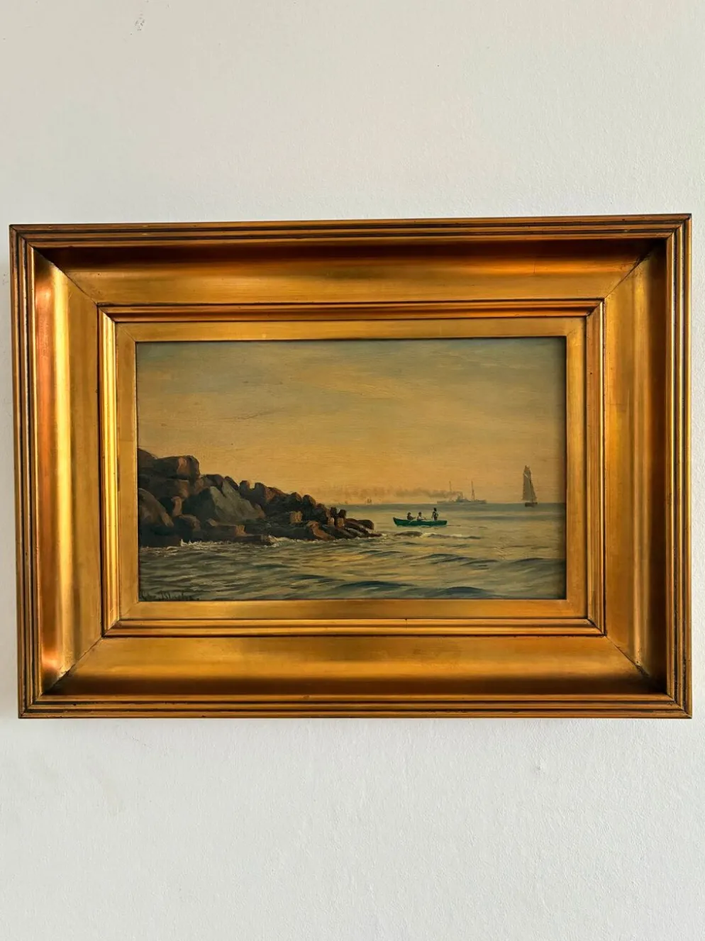 Peinture à l'huile de paysage marin de voilier ancien signé