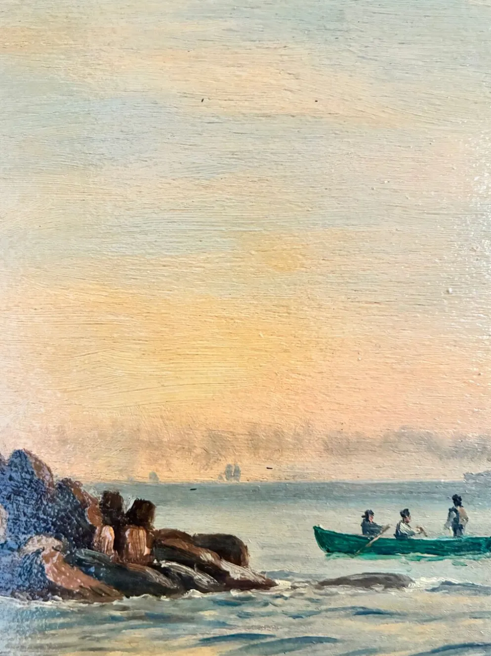 Peinture à l'huile de paysage marin de voilier ancien signé