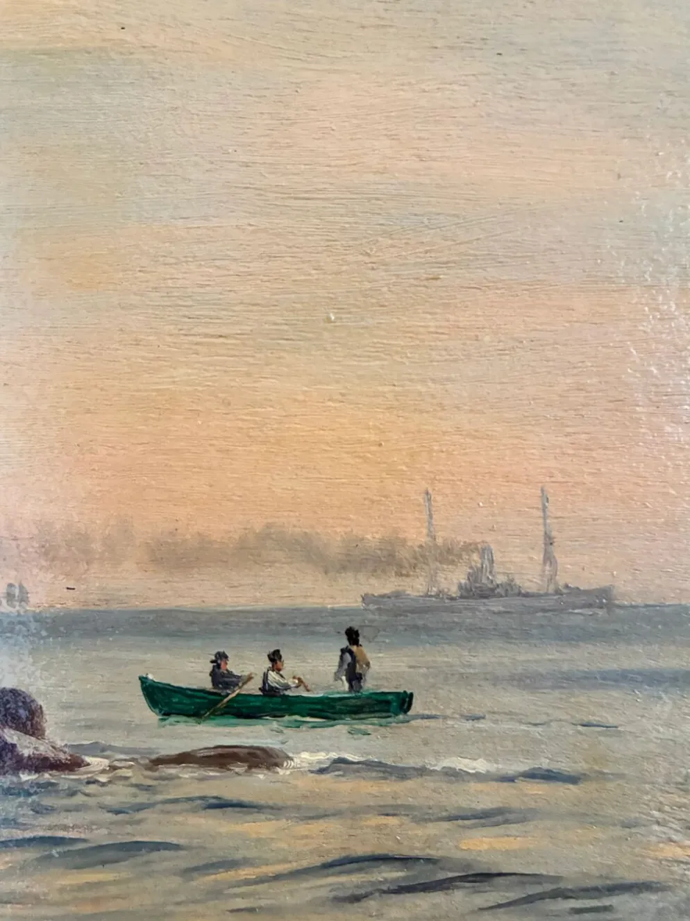 Peinture à l'huile de paysage marin de voilier ancien signé