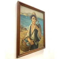Peinture à l'huile, G. De Curtis, toile signée, jeune pêcheur italien, fin du 20e siècle