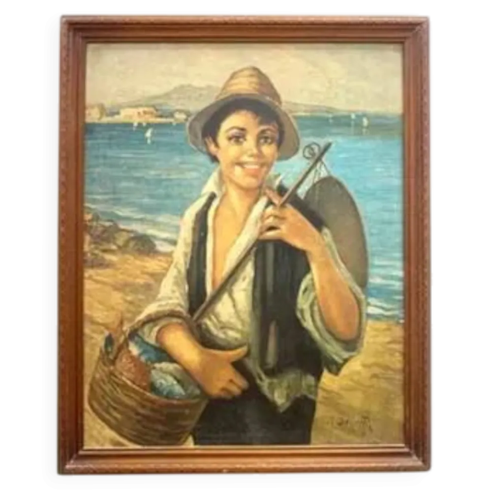 Peinture à l'huile, G. De Curtis, toile signée, jeune pêcheur italien, fin du 20e siècle