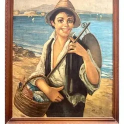 Peinture à l'huile, G. De Curtis, toile signée, jeune pêcheur italien, fin du 20e siècle