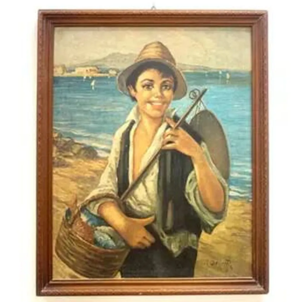 Peinture à l'huile, G. De Curtis, toile signée, jeune pêcheur italien, fin du 20e siècle