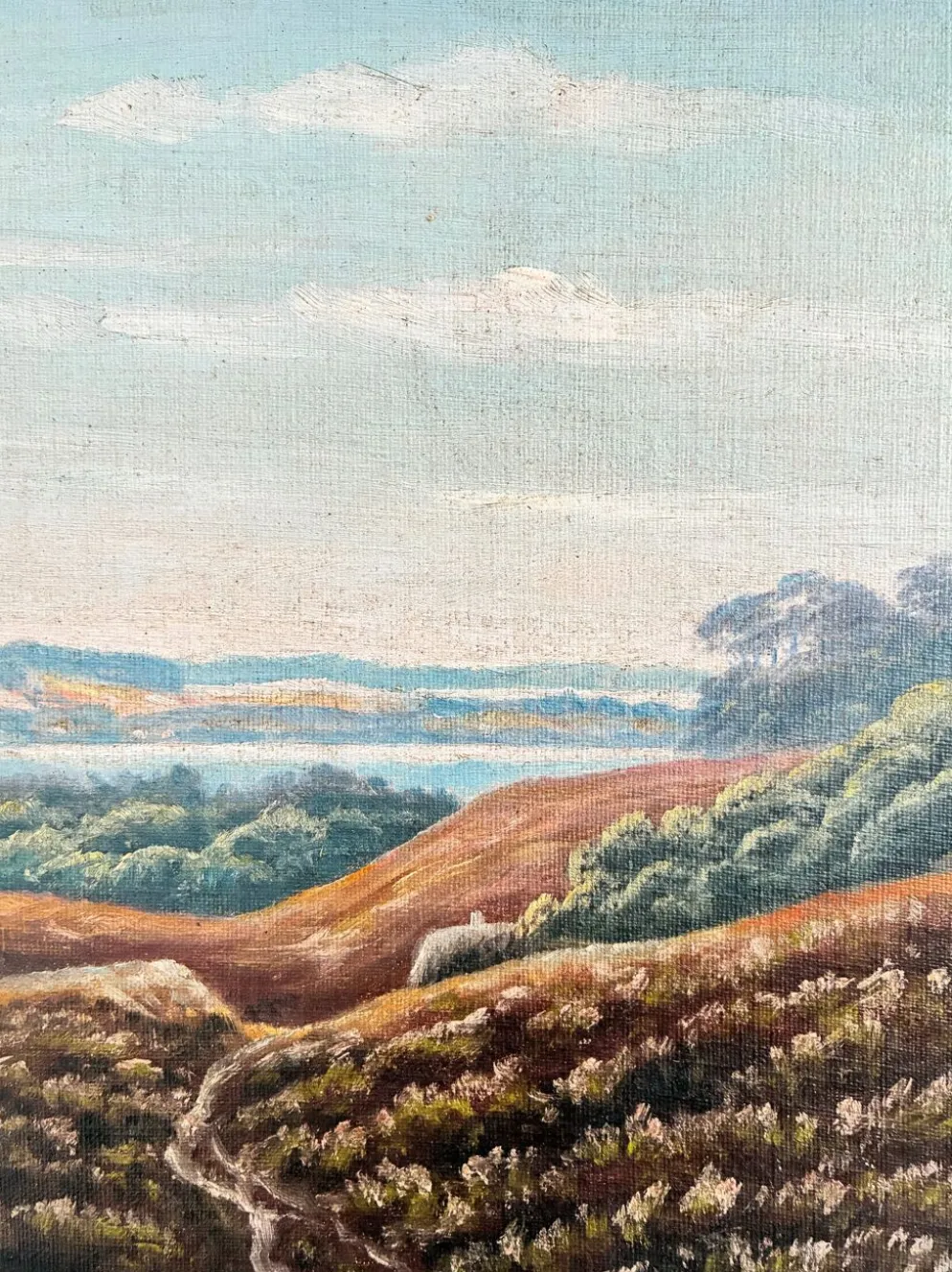 Peinture à l'huile vintage signée de paysage de collines