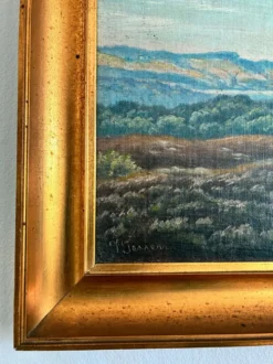 Peinture à l'huile vintage signée de paysage de collines
