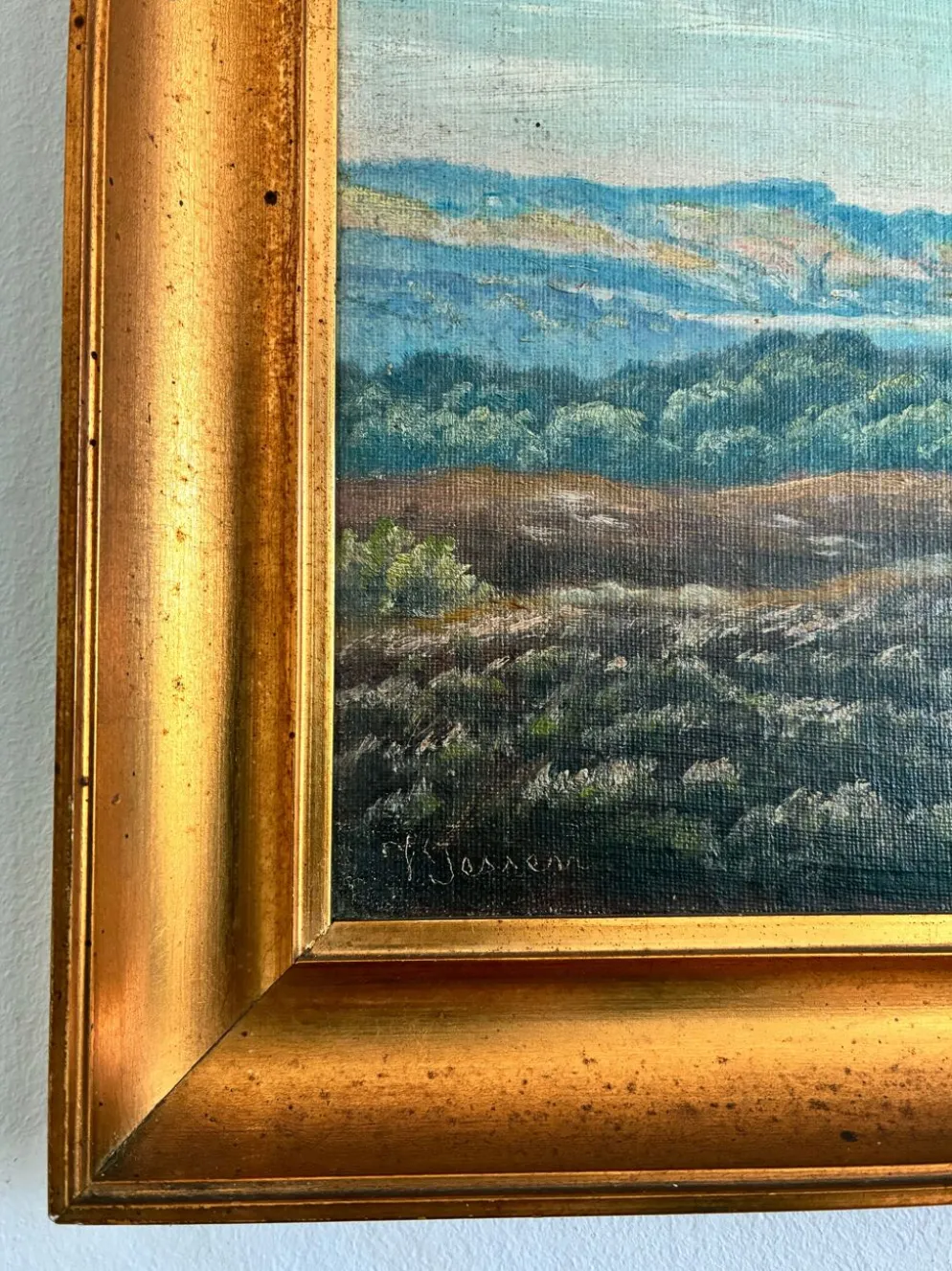 Peinture à l'huile vintage signée de paysage de collines