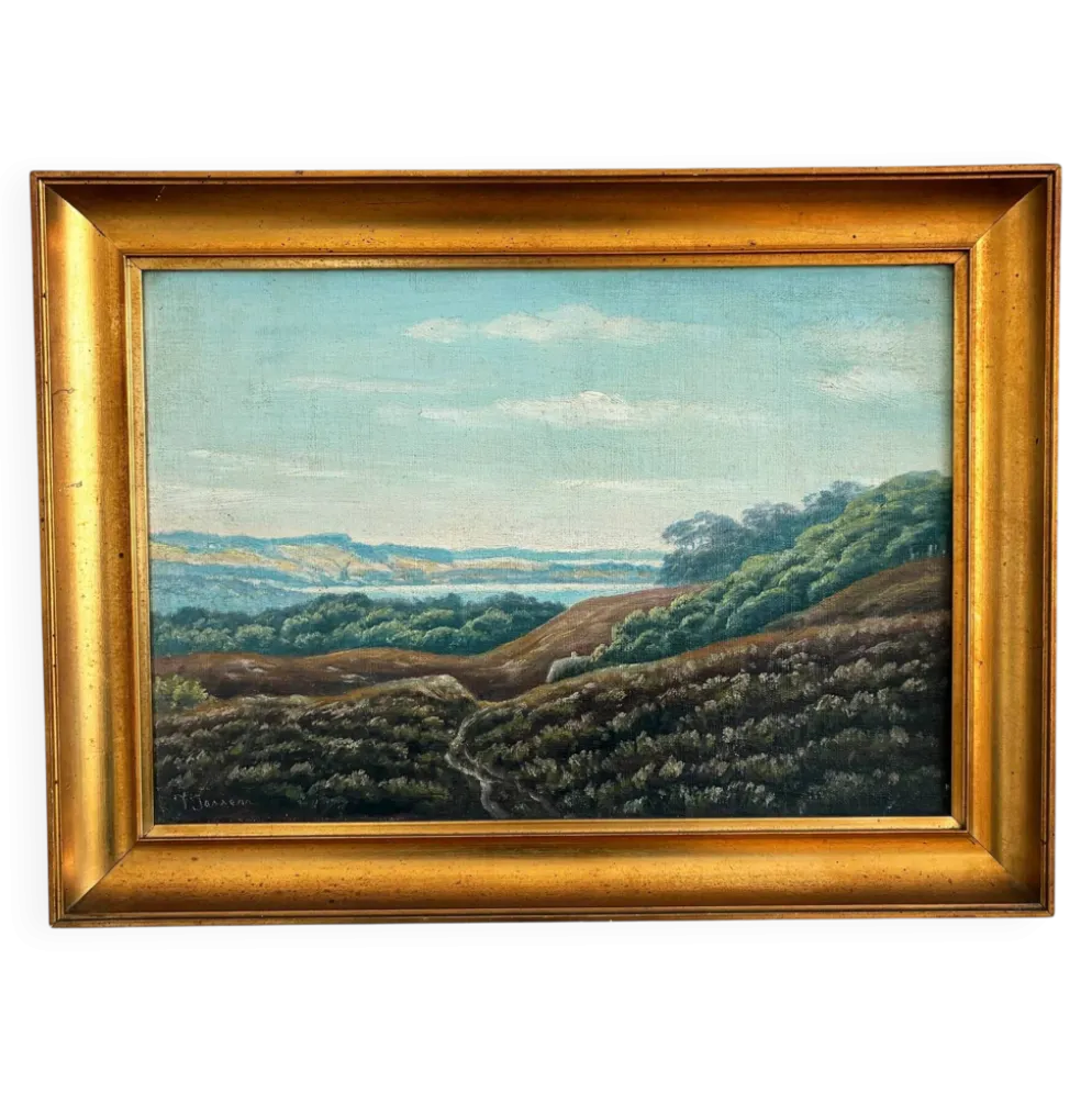 Peinture à l'huile vintage signée de paysage de collines