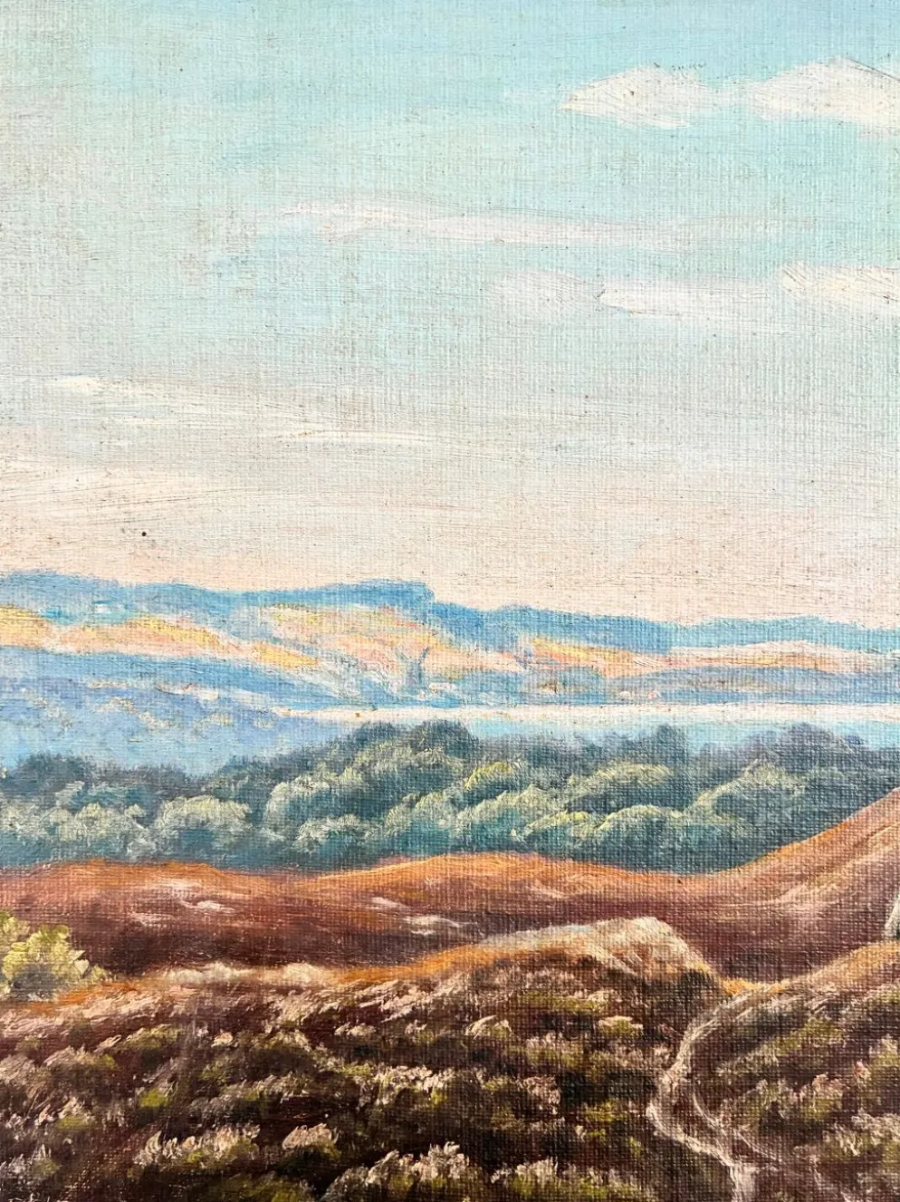 Peinture à l'huile vintage signée de paysage de collines