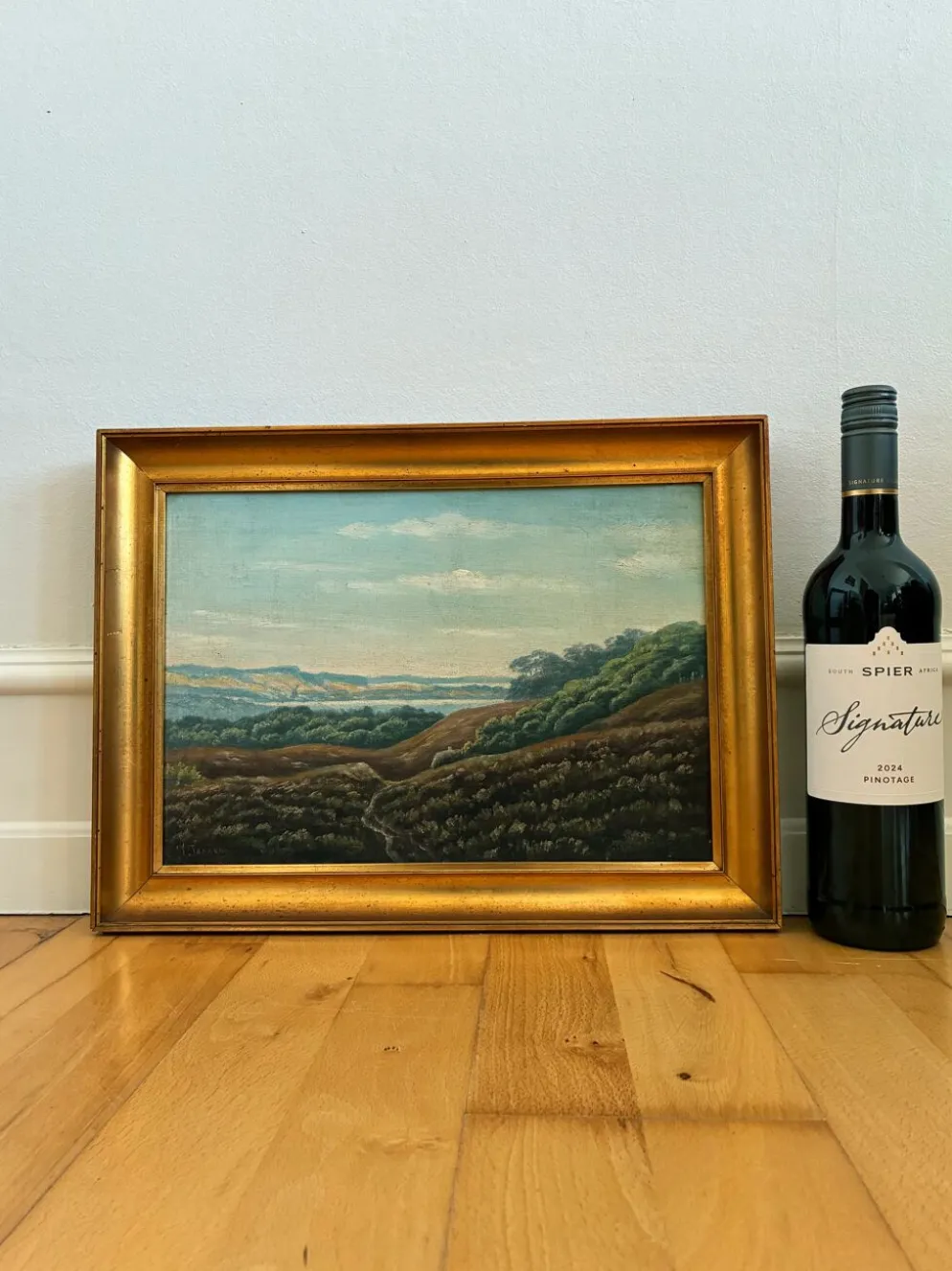 Peinture à l'huile vintage signée de paysage de collines