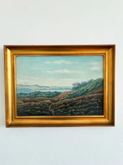 Peinture à l'huile vintage signée de paysage de collines