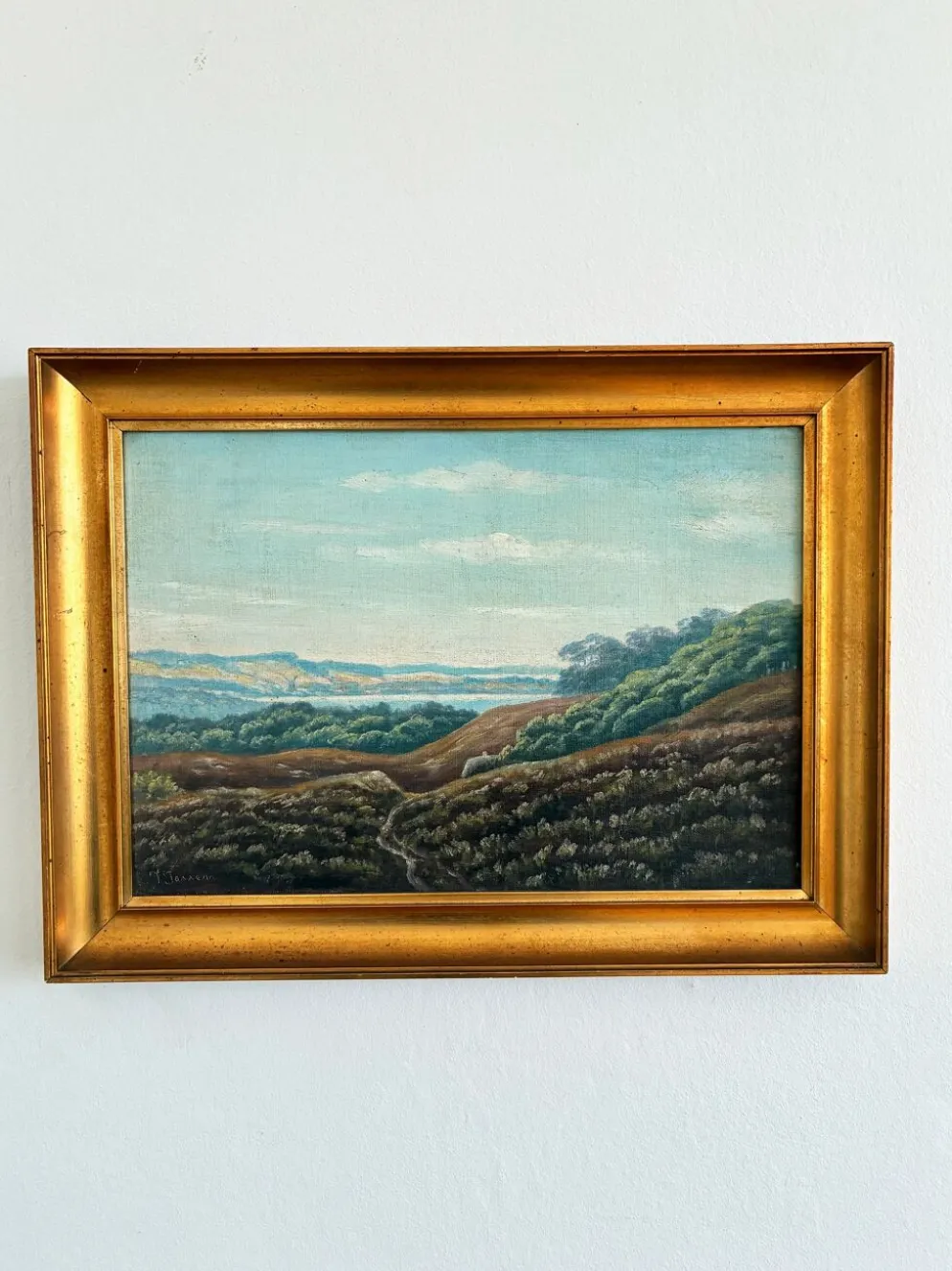Peinture à l'huile vintage signée de paysage de collines