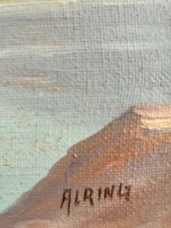 Peinture à l'huile vintage signée de paysage de lac de montagne
