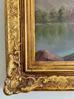 Peinture à l'huile vintage signée de paysage de lac de montagne