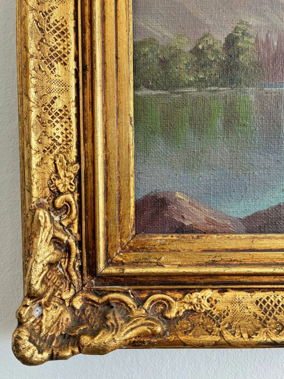 Peinture à l'huile vintage signée de paysage de lac de montagne