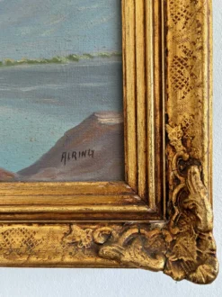 Peinture à l'huile vintage signée de paysage de lac de montagne