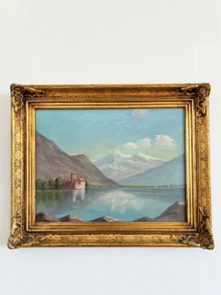 Peinture à l'huile vintage signée de paysage de lac de montagne