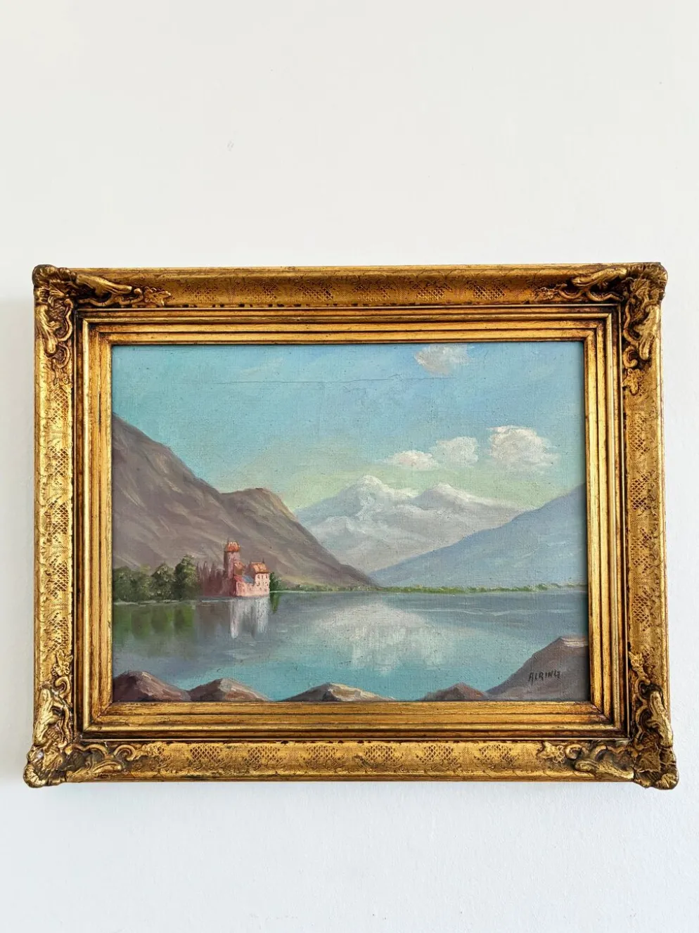 Peinture à l'huile vintage signée de paysage de lac de montagne