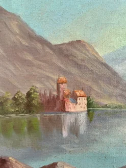 Peinture à l'huile vintage signée de paysage de lac de montagne
