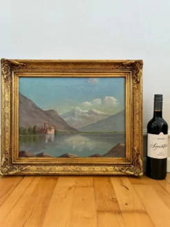 Peinture à l'huile vintage signée de paysage de lac de montagne