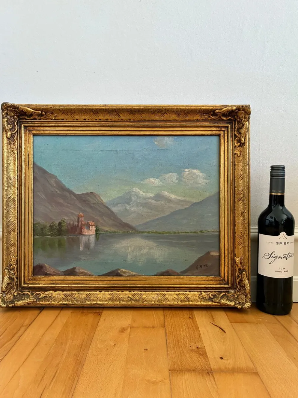Peinture à l'huile vintage signée de paysage de lac de montagne