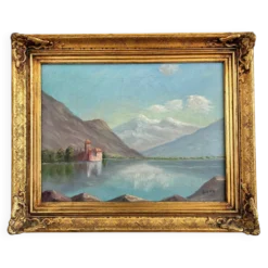 Peinture à l'huile vintage signée de paysage de lac de montagne