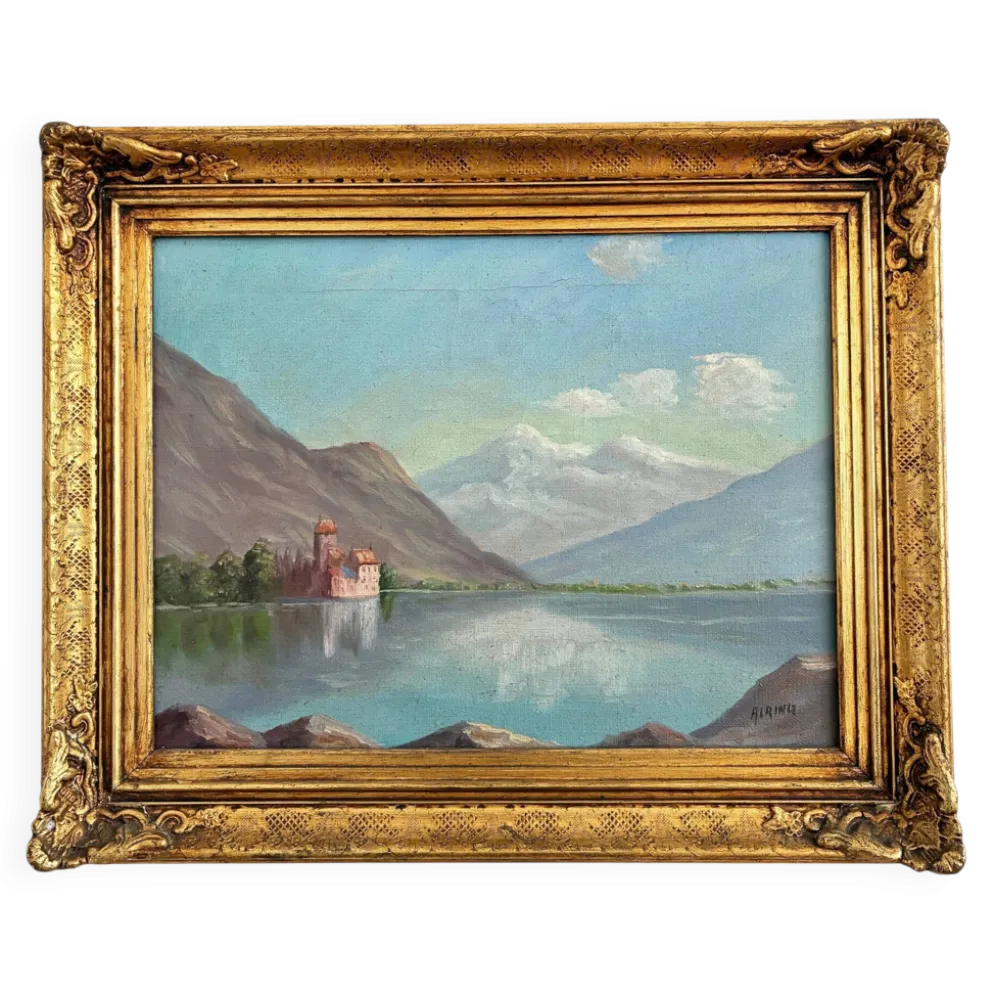 Peinture à l'huile vintage signée de paysage de lac de montagne
