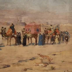 Peinture orientaliste signée A. Rossi et datée de 1893, caravane dans le désert