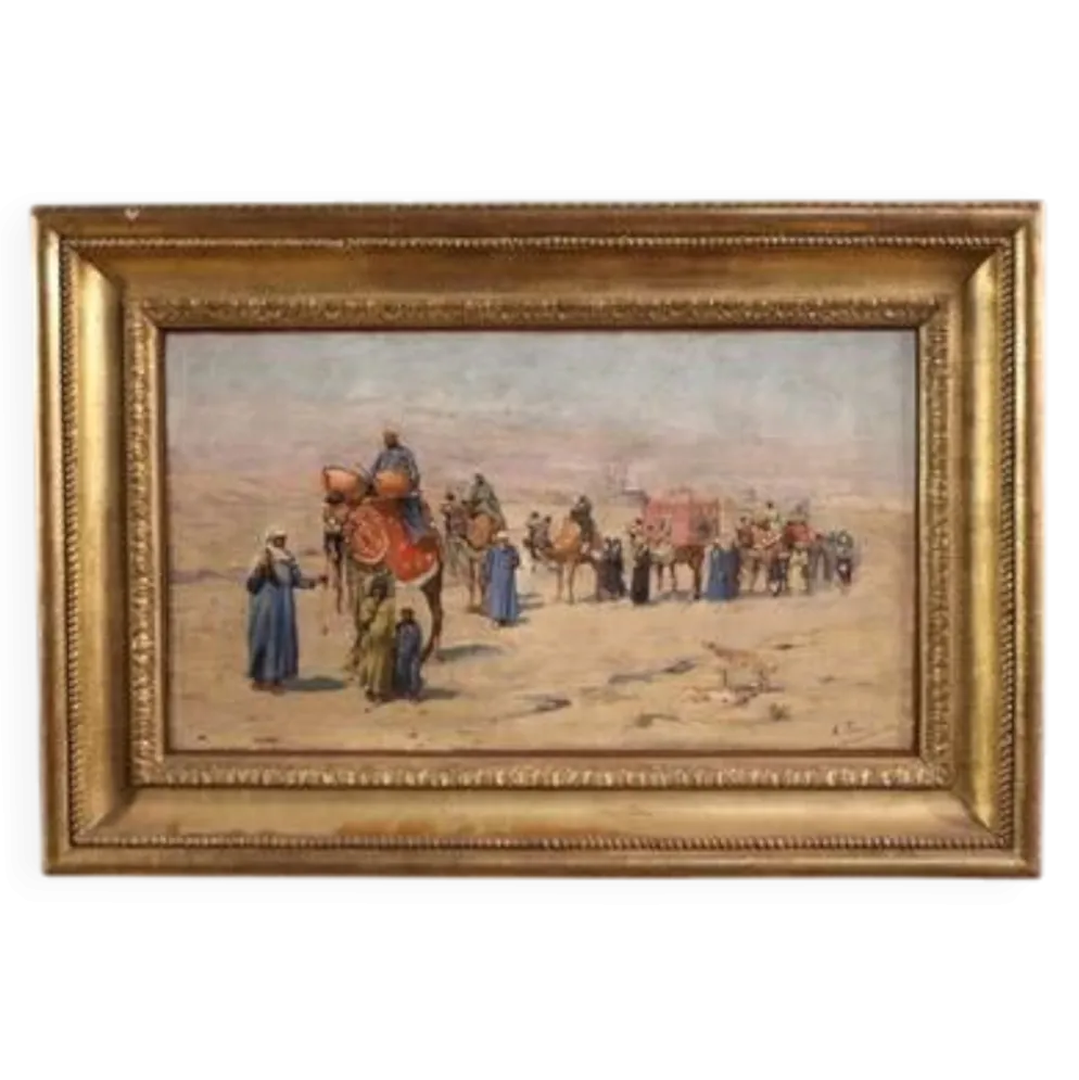 Peinture orientaliste signée A. Rossi et datée de 1893, caravane dans le désert