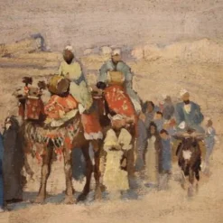 Peinture orientaliste signée A. Rossi et datée de 1893, caravane dans le désert