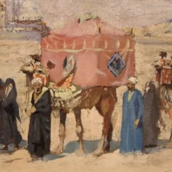 Peinture orientaliste signée A. Rossi et datée de 1893, caravane dans le désert