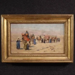 Peinture orientaliste signée A. Rossi et datée de 1893, caravane dans le désert