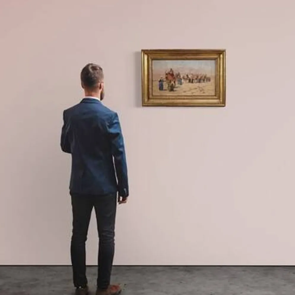 Peinture orientaliste signée A. Rossi et datée de 1893, caravane dans le désert
