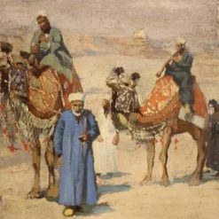 Peinture orientaliste signée A. Rossi et datée de 1893, caravane dans le désert