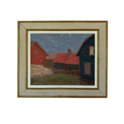 Peinture vintage paysage de village – Huile sur toile signée – Années 60-70