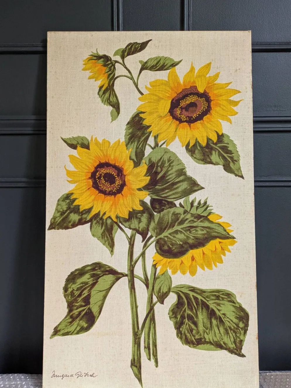 Peinture vintage sur lin''Les Tournesols'' par Irmgard Gutsche 60'/70'