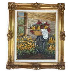 Peinture vintage vélo fleuri – Huile sur toile signée – Cadre doré ancien