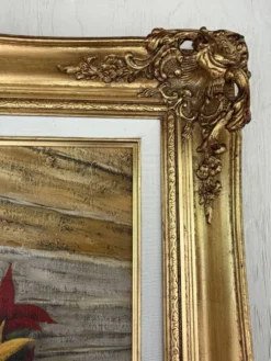 Peinture vintage vélo fleuri – Huile sur toile signée – Cadre doré ancien