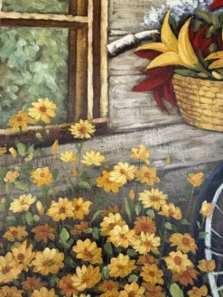 Peinture vintage vélo fleuri – Huile sur toile signée – Cadre doré ancien