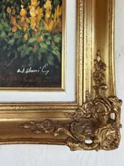 Peinture vintage vélo fleuri – Huile sur toile signée – Cadre doré ancien