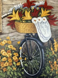 Peinture vintage vélo fleuri – Huile sur toile signée – Cadre doré ancien