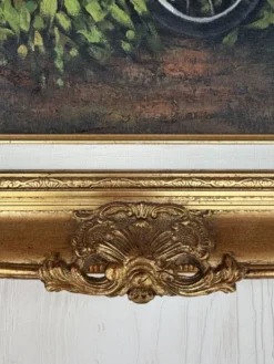 Peinture vintage vélo fleuri – Huile sur toile signée – Cadre doré ancien