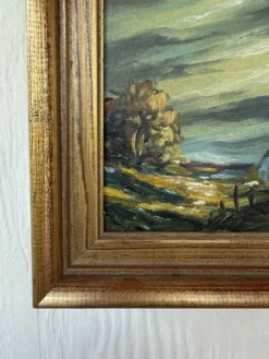 Petite peinture vintage paysage de campagne – Huile sur toile – Maison anci