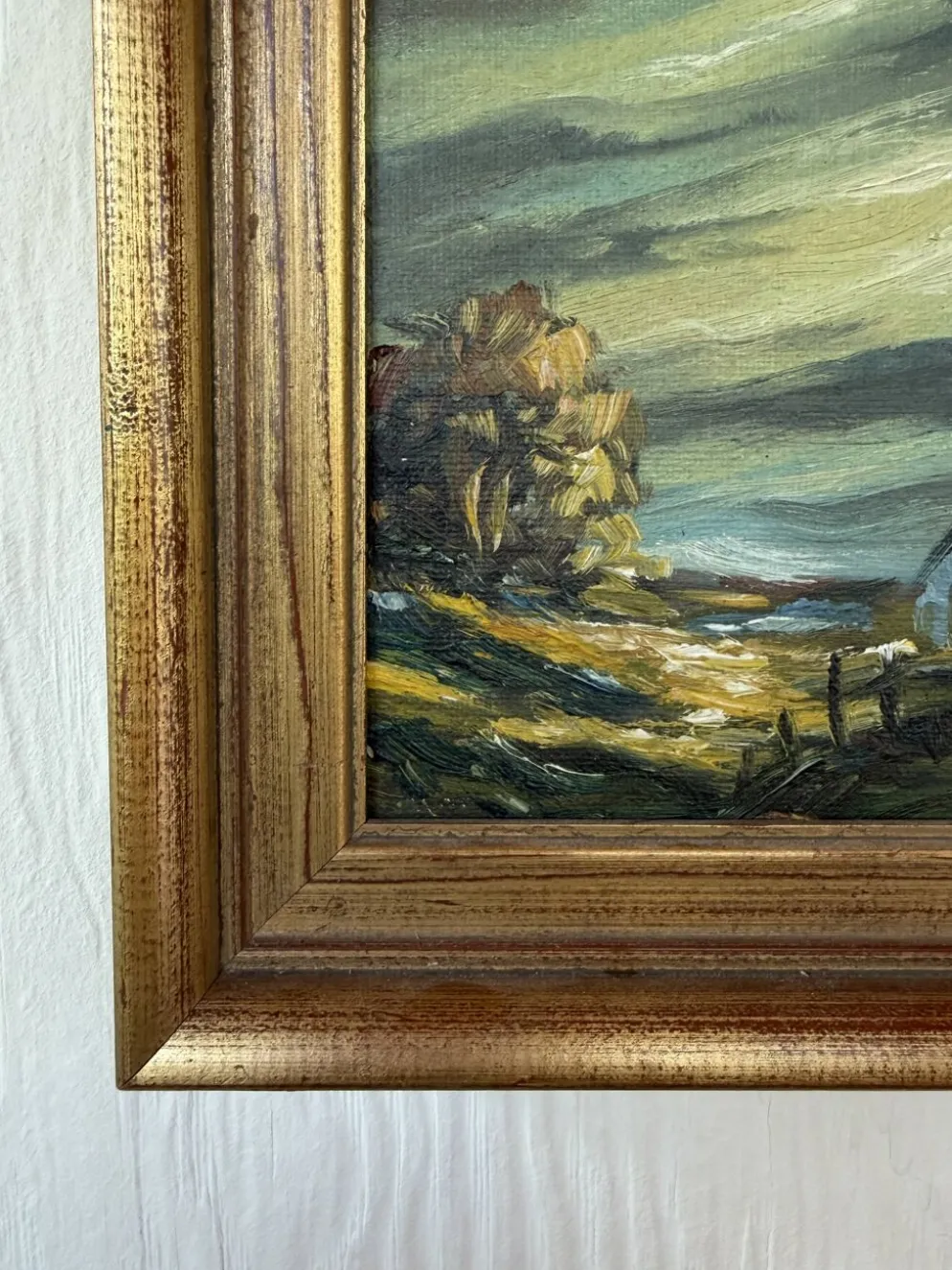 Petite peinture vintage paysage de campagne – Huile sur toile – Maison anci