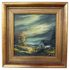 Petite peinture vintage paysage de campagne – Huile sur toile – Maison anci