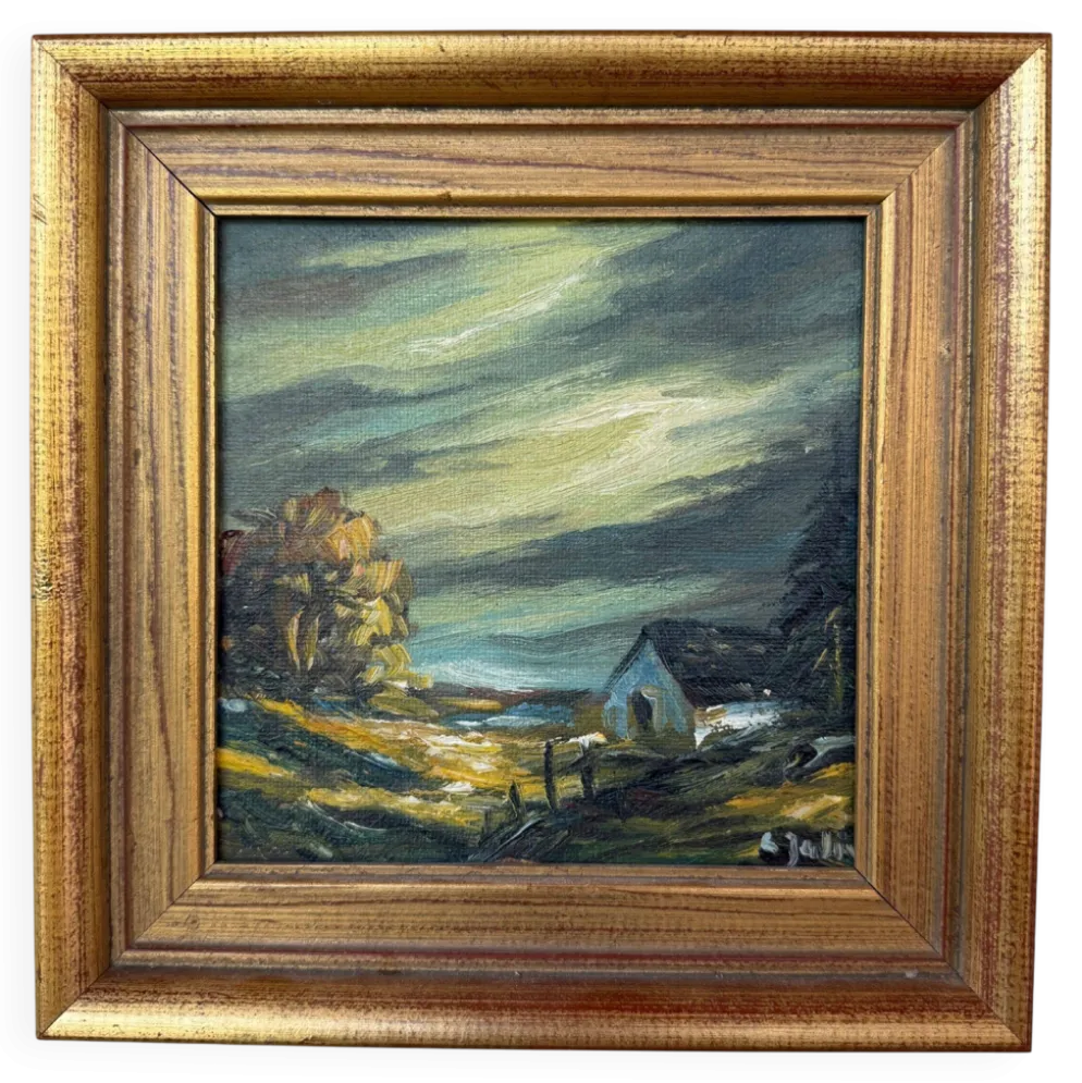 Petite peinture vintage paysage de campagne – Huile sur toile – Maison anci